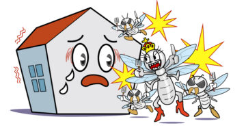 家を蝕むシロアリと耐震性に影響を及ぼすことを恐れる家のイラスト